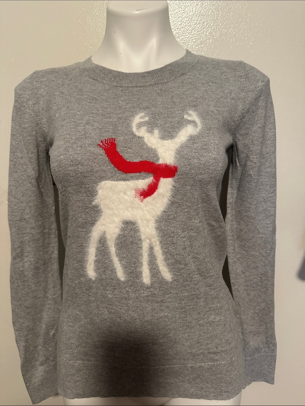 Loft Fashion Gray Crewneck Sweater with White Reindeer and Red Scarf